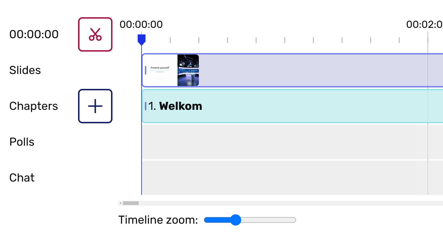 The timeline of the webinar editor, showing the timecode and rows for slides, chapters, polls and chat