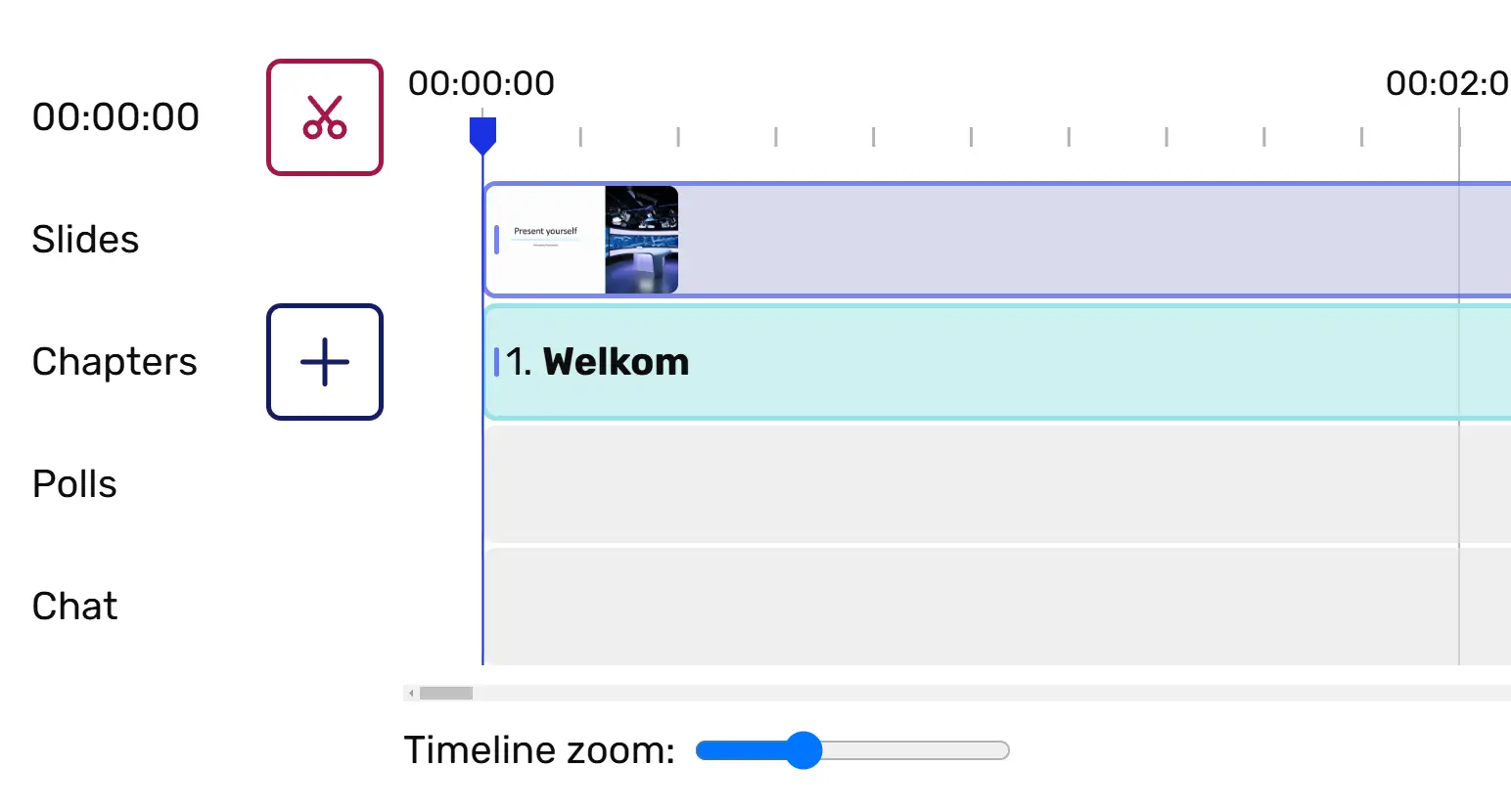 The timeline of the webinar editor, showing the timecode and rows for slides, chapters, polls and chat